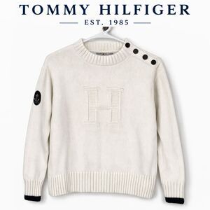 Tommy Hilfiger White Nautical Sweater L Anchor Buttons Cotton Knit Preppy